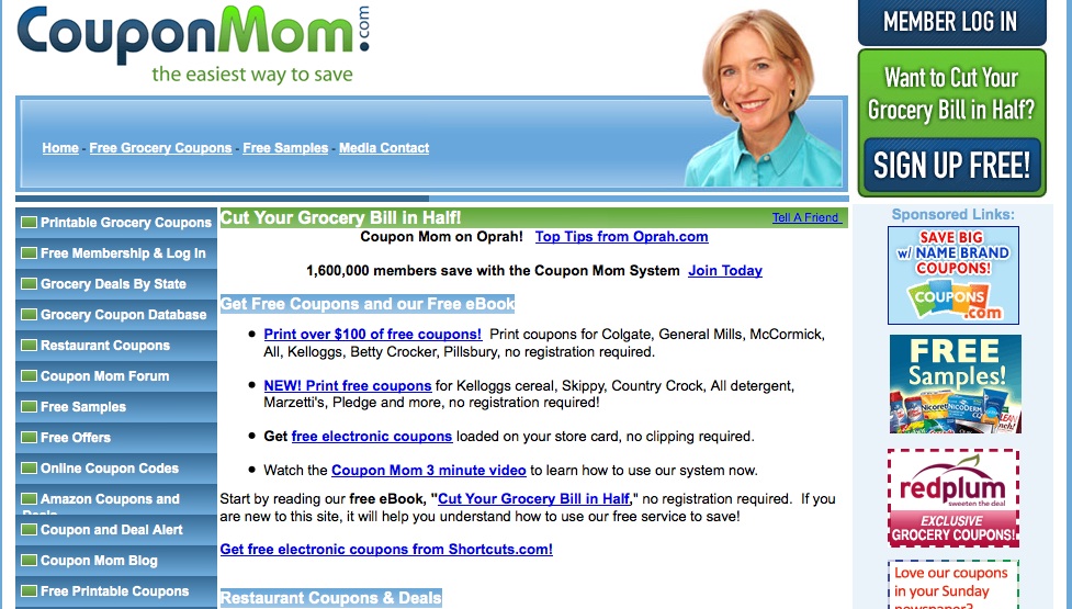The front page of the Coupon Mom website